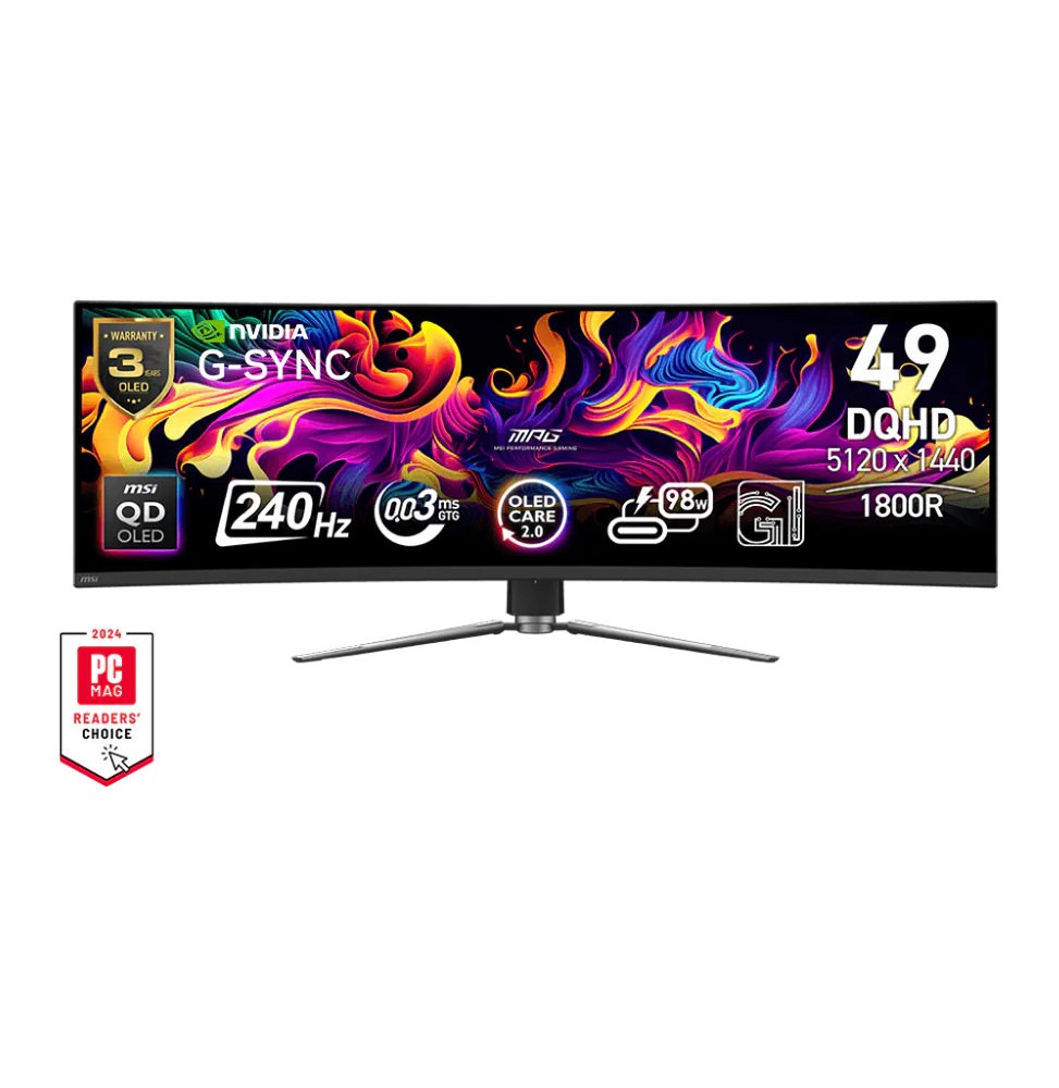 ecran-incurve-gaming-49-dqhd-msi-mpg-491cqpx-qd-oled-9s6-3fa84t-028.png Écran incurvé Gaming 49" DQHD MSI MPG 491CQPX QD-OLED (9S6-3FA84T-028) – Image 1