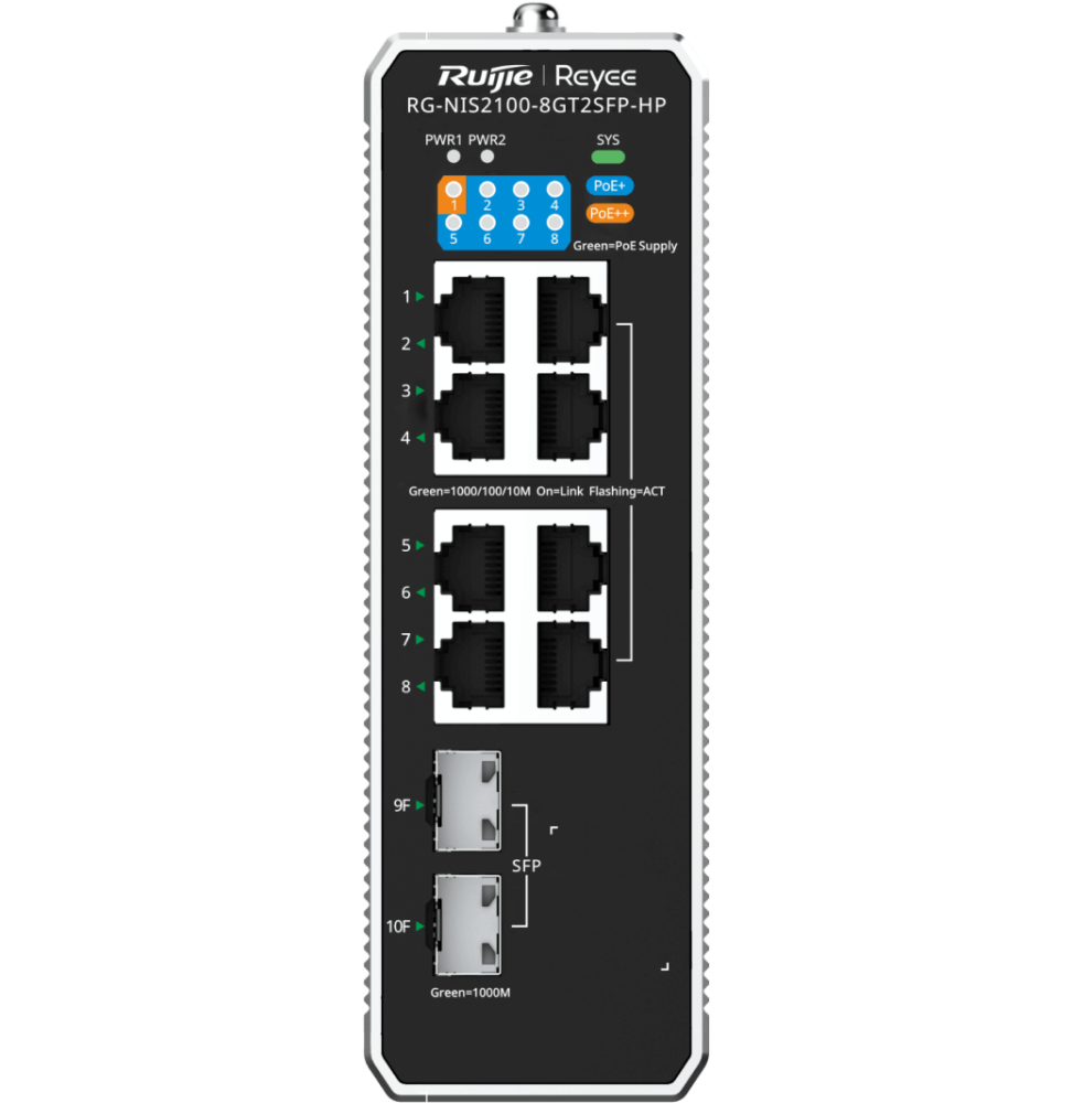 switch-industriel-l2-gere-dans-le-cloud-reyee-nis2100-8gt2sfp-hp-10-ports-1-port-poe-7-ports-poe-2-ports-uplink-sfp.png Switch industriel L2 géré dans le Cloud Reyee NIS2100-8GT2SFP-HP 10 ports, 1 port PoE++, 7 ports PoE+, 2 ports Uplink SFP – Image 1